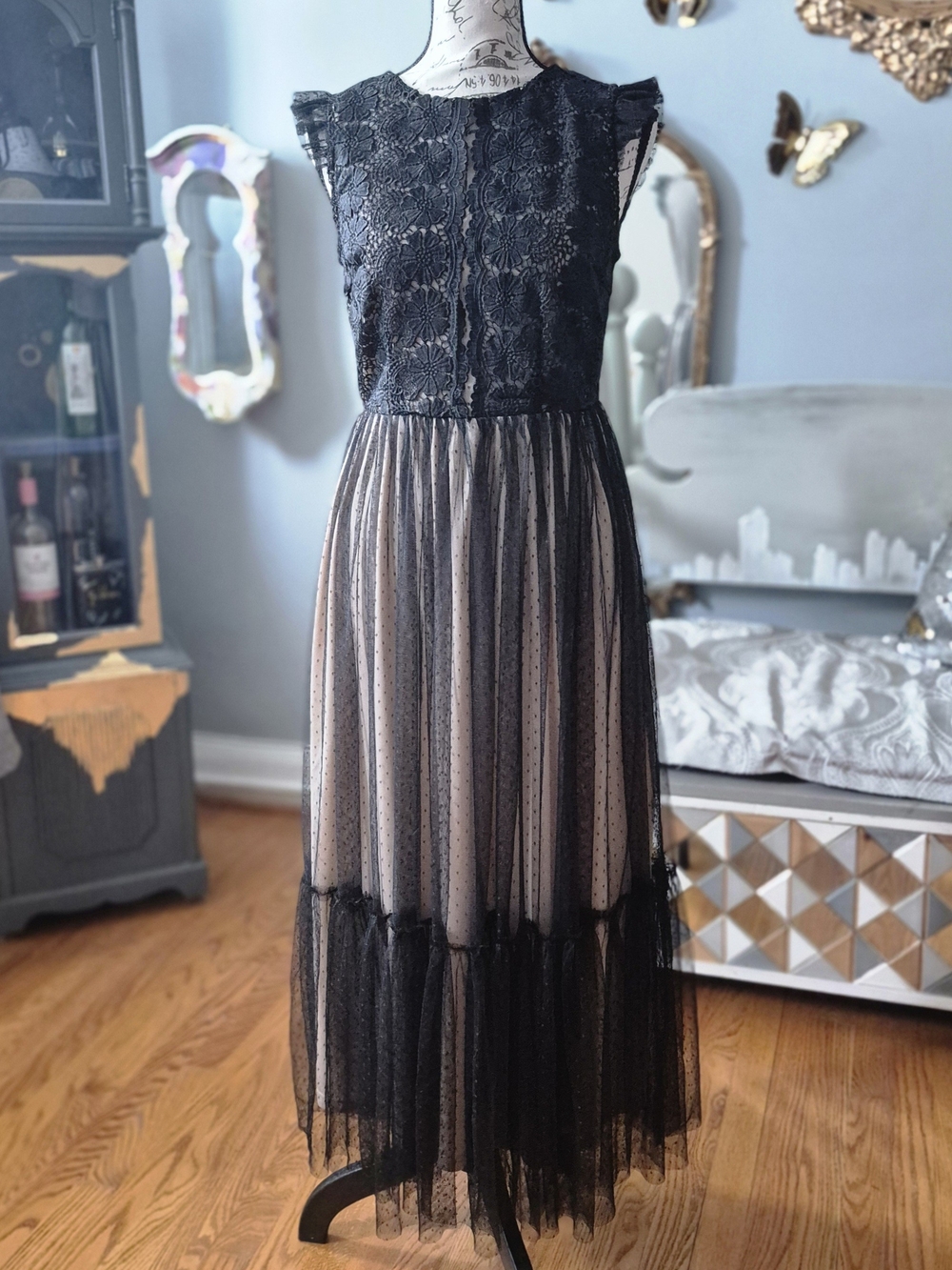 Whimsigoth Dark Romantic  Lace Bodice Tulle Maxi Dress in Black Small
